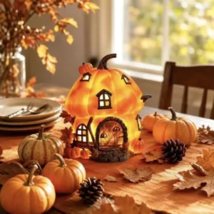 Halloween Harz Kürbishaus Ornament Mit Warmem LED Licht Herbst Ernte Tischdeko Märchenhaus Kürbis Lampe Geschenk