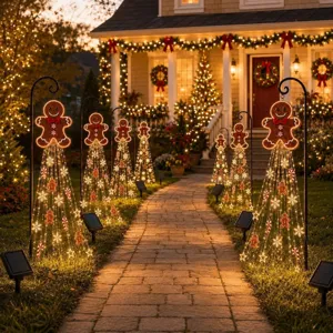 Festive outdoor solar gingerbread man pathway lights for Christmas garden decoration