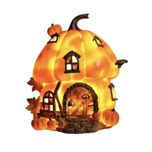 Halloween Kürbishaus Lampe aus Kunstharz als Herbst Tischdekoration 20cm hoch