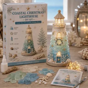 Handgefertigtes Küsten-Weihnachts-Leuchtturm-DIY-Set mit Seeglas und LED-Lichtern