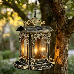 Detalle de un comedero solar de metal para pájaros colgado en la rama de un árbol