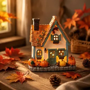 Nahaufnahme einer gemütlichen Halloween Miniatur Hauslampe mit warmem Licht und Kürbisdetails