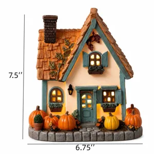 Detaillierte Ansicht der Halloween-Kürbishaus-Deko mit Maßen von 7,5 und 6,75 Zoll