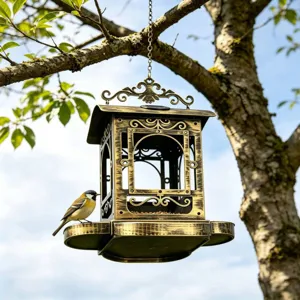 Comedero solar para pájaros de metal vintage colgado de la rama de un árbol en un jardín