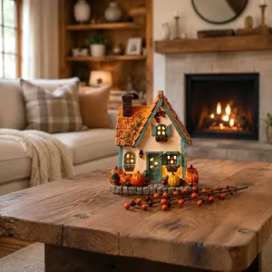 Halloween Kürbis Haus LED Leuchtend Miniatur Harz Hütte Dorf Dekor Herbst Ernte Leuchten Feengarten Statuen Innen Ornament