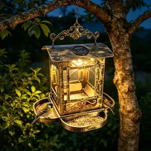 Vista detallada de un comedero solar vintage de metal con luz LED para el jardín
