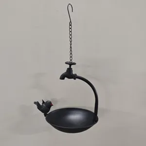 Pastoral Stainless Steel Hanging Bird Feeder Creative Faucet Shape Bird Bath For Outdoor Yard Garden Decoration Metal Bird Feeder Bowl with Chain Hook