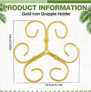 Pflanzständer aus goldenem Eisen mit floralem Rollwerk-Design und deutlichen Größenangaben.
