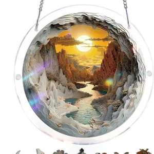 Detaillierte Ansicht eines montierten Acryl-Sonnenfängers mit Berglandschaft-Puzzle.