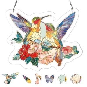 Acryl Puzzle Suncatcher Buntglas Stil Kolibri Blumen Fenster Hängedeko Haus Garten Kunst Anhänger Ornament