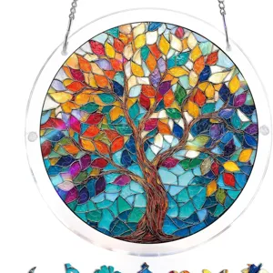 Farbentfroher Lebensbaum Acryl-Puzzle-Sonnenfänger im Buntglas-Stil für Fensterdeko