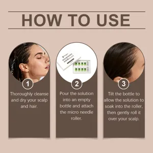 Guide detaille d'essence de soin du cuir chevelu montrant les etapes d'utilisation.