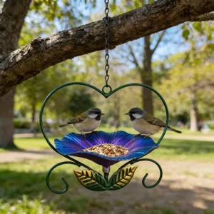 Close-up detail of heart-shaped bird feeder with flower tray hanging from a tree