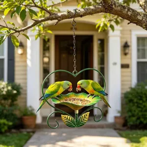 Outdoor heart-shaped metal flower bird feeder hanging from a tree in a garden
