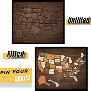 Handgefertigtes USA-Reise-Puzzle aus Holz mit leeren und gefüllten Staatenteilen