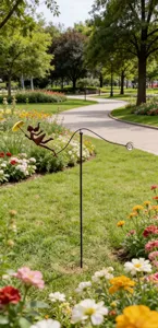 Molinillo de jardín de metal con niña y paraguas amarillo en un parque florido y exuberante