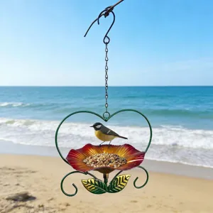 Metal bird feeder for outdoors with heart frame and flower-shaped seed tray hanging decoration