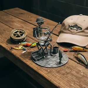 Nahaufnahme des Fishing Buddy Metall-Schnapsglashalters auf rustikalem Holz