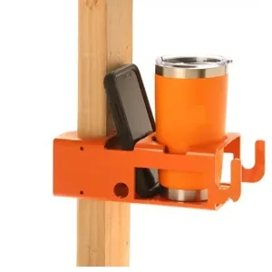 Orangefarbener tragbarer Getränkehalter für Holzbearbeitung mit Handyfach und Haken