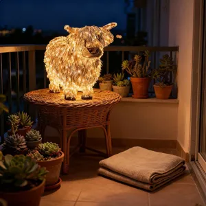 Lámpara de noche creativa de paja con forma de vaca de las Highlands para decorar el jardín