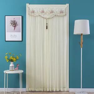 Detail view of floral lace sheer door curtain, elegant mesh mosquito net for home decor.