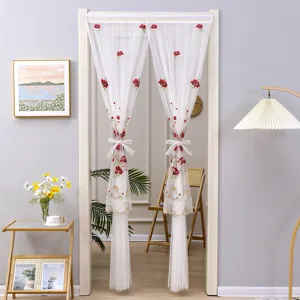 White sheer door curtain with red floral embroidery, elegant room divider for bedroom.
