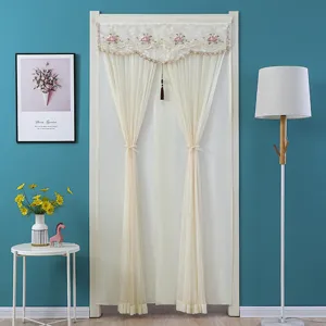 Beige tulle door curtain with floral embroidery lace valance, elegant tassel tieback for bedroom.