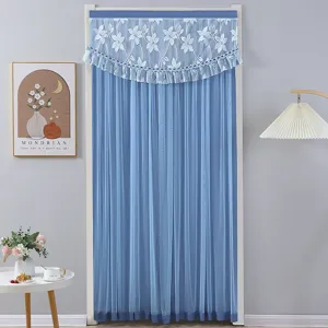 Blue double layer door curtain detail showing lace valance and elegant home decor.