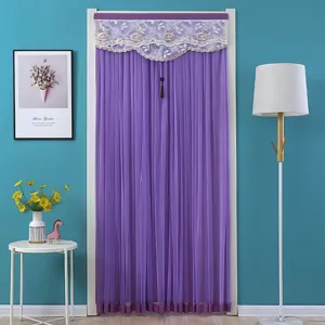 Purple mesh door curtain with lace valance and tassel, stylish home decor for bedroom toilet.