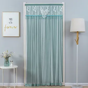 Cortina de puerta de encaje verde separador transparente con bordado floral y lazo para el dormitorio