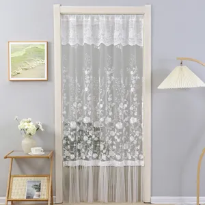 White lace door curtain with delicate floral embroidery, French romantic hanging sheer panel.