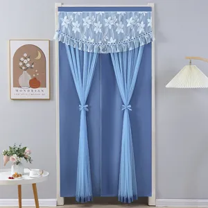 Blue door curtain double layer lace valance bedroom partition curtain punch-free window drape
