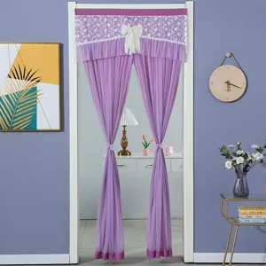 Purple lace door curtain with bow and floral valance, elegant sheer partition for bedroom.