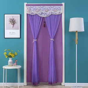 Purple door curtain with lace and tassel design, ideal for bedroom, living room or bathroom.
