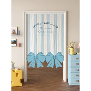 Cute blue striped door curtain with bows, perfect kids room divider and hanging half curtain.