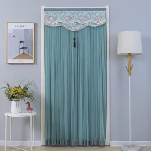 Teal pleated door curtain with delicate lace floral valance and tassel, home decor.