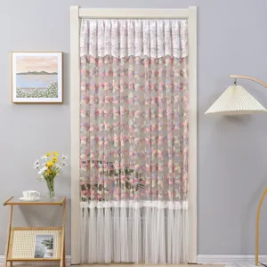French lace door curtain, delicate floral embroidery mesh partition for bedroom, elegant.