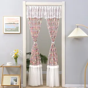 French romantic lace door curtain detail, colorful butterfly mesh partition for bedroom interior.