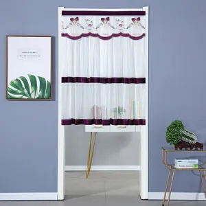 Cortina de puerta blanca transparente con bordado floral violeta, media cortina sin taladro.