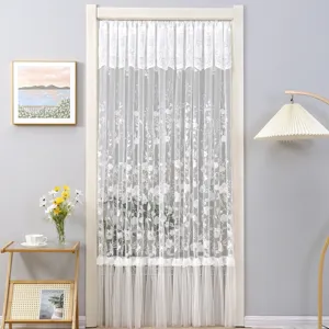 White lace door curtain floral embroidered partition curtain detail view for bedroom hallway decor.