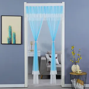 Blue and white sheer door curtain, mesh anti-mosquito curtain for bedroom or kitchen privacy.