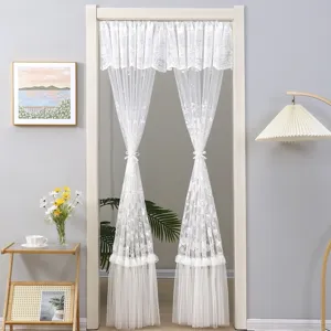 French romantic white lace door curtain detail scene, elegant sheer partition for bedroom decor.