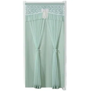 Green lace door curtain partition privacy screen with romantic white floral trim and bows.