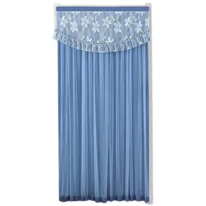 Blue double layer partition door curtain with elegant white floral lace valance and ruffles.