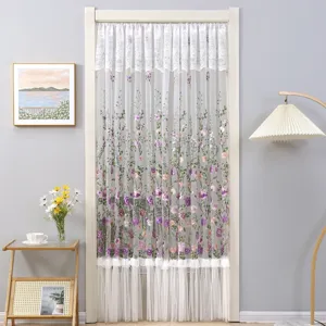 French romantic lace door curtain with purple floral embroidery, elegant room partition design.