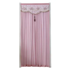 Pink lace door curtain with floral embroidery and tassel, sheer sheer curtain for home decor.