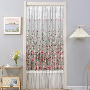 French romantic white lace door curtain with delicate floral embroidery, ideal for room partition.