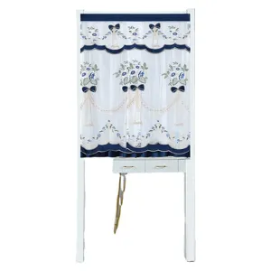 Cortina de puerta bordada con lazo azul, visillo de encaje, media cortina para dormitorio