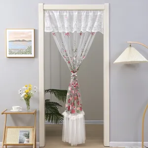 French romantic long door curtain lace sheer room divider with floral embroidery decor