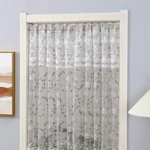 Embroidered sheer door curtain bedroom privacy partition mesh lace floral detail view.